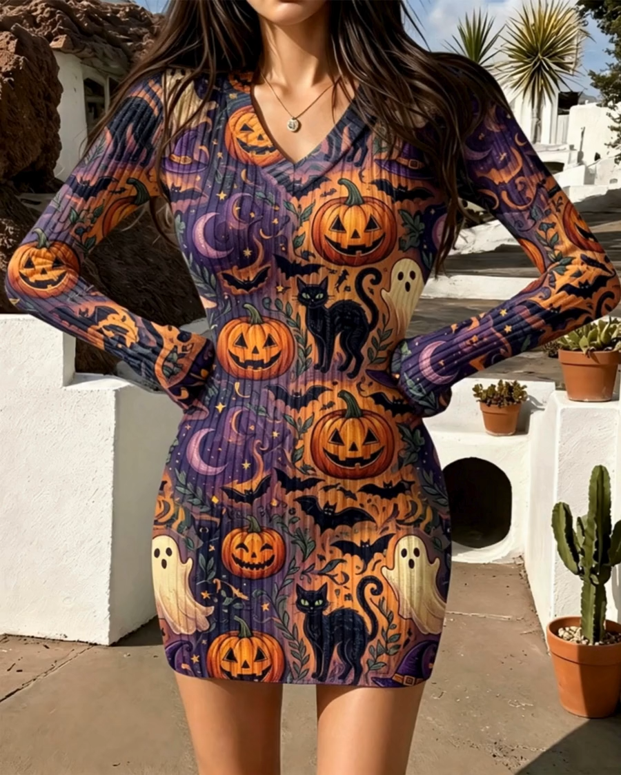 Chic Halloween Pumpkin & Black Cat Bodycon Mini Dress