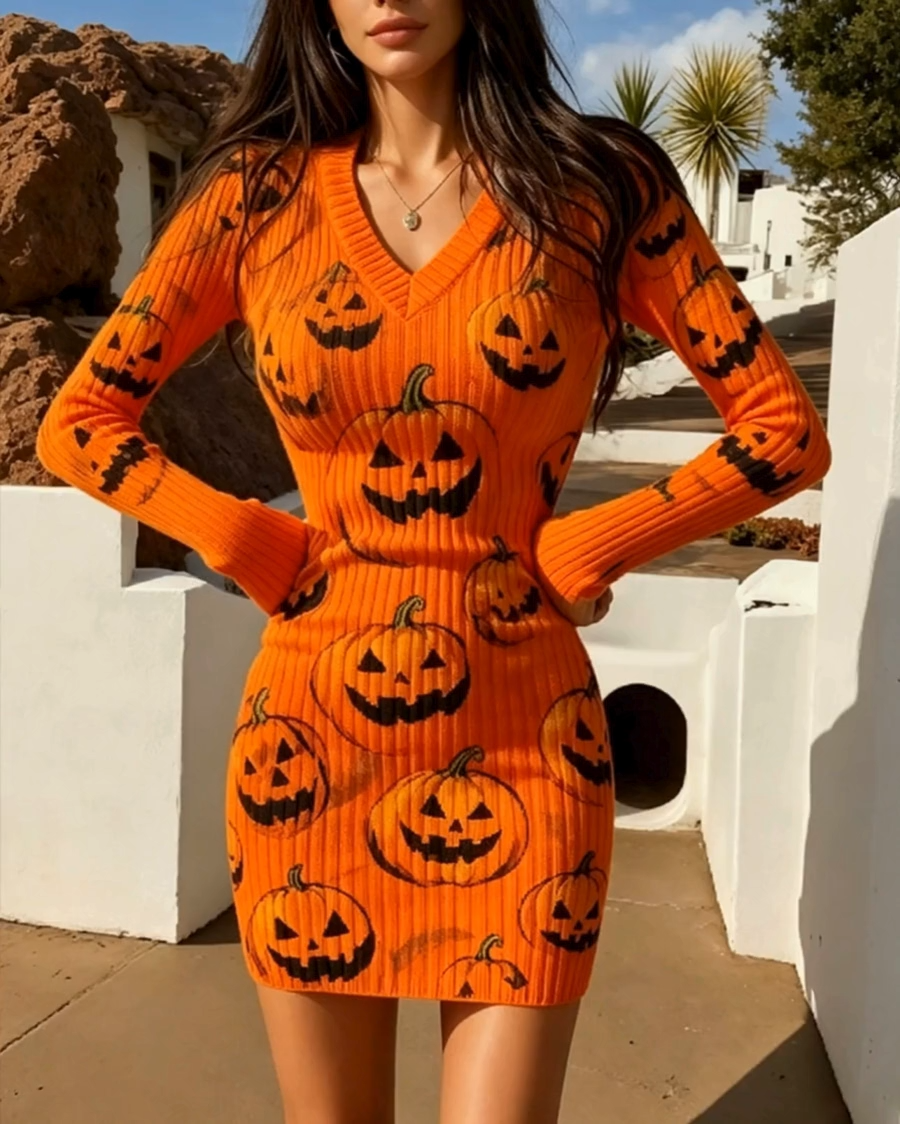 Festive Orange Pumpkin Print Bodycon Mini Dress