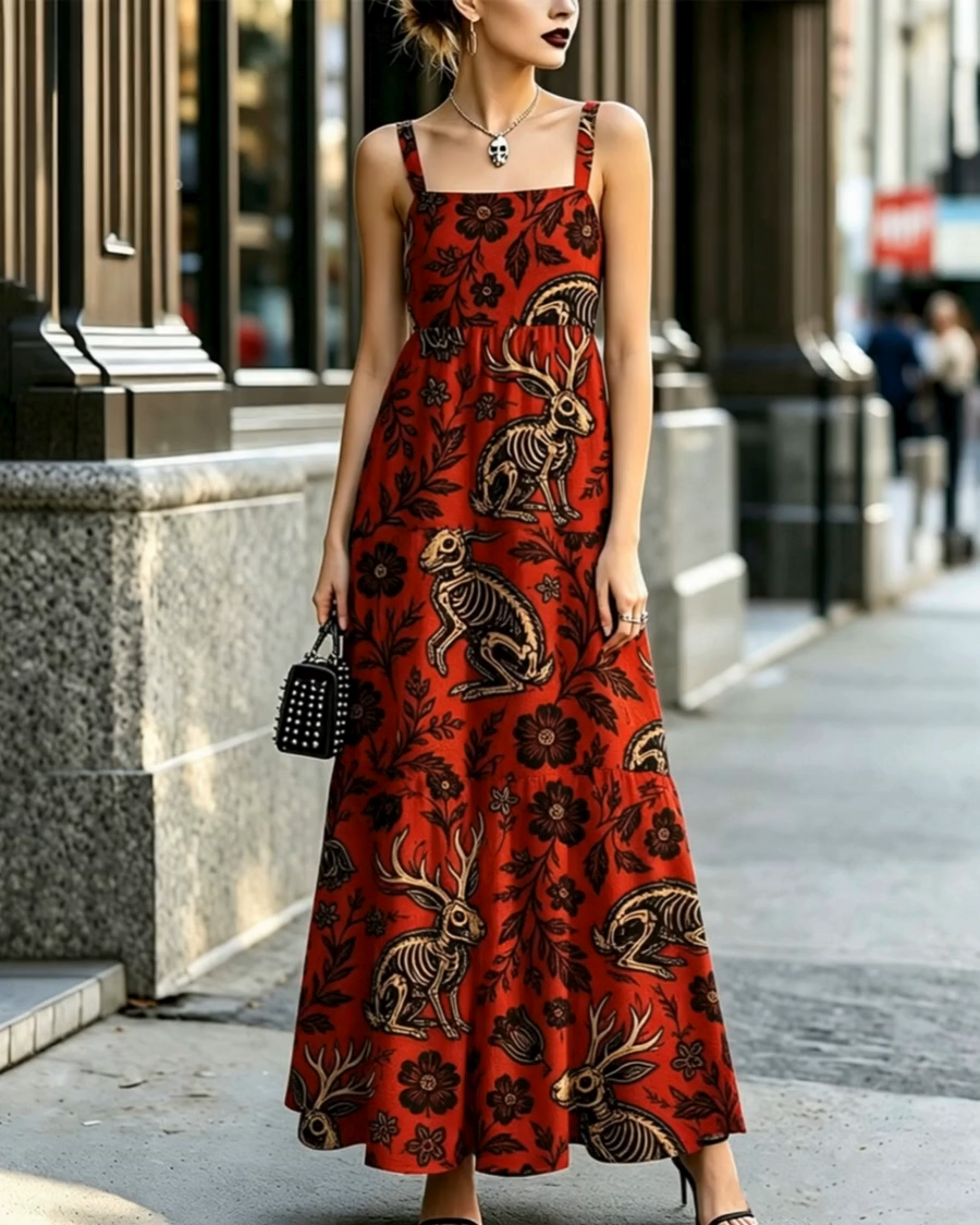 Jacklope Flower Gothic Adjustable Straps Maxi Dress