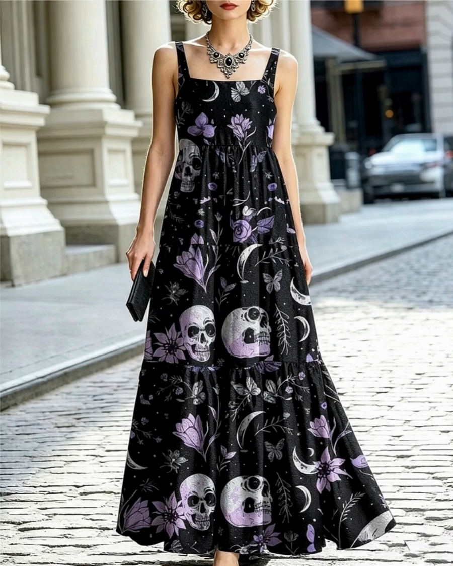 Lavender Flower Skull Gothic Maxi Dress