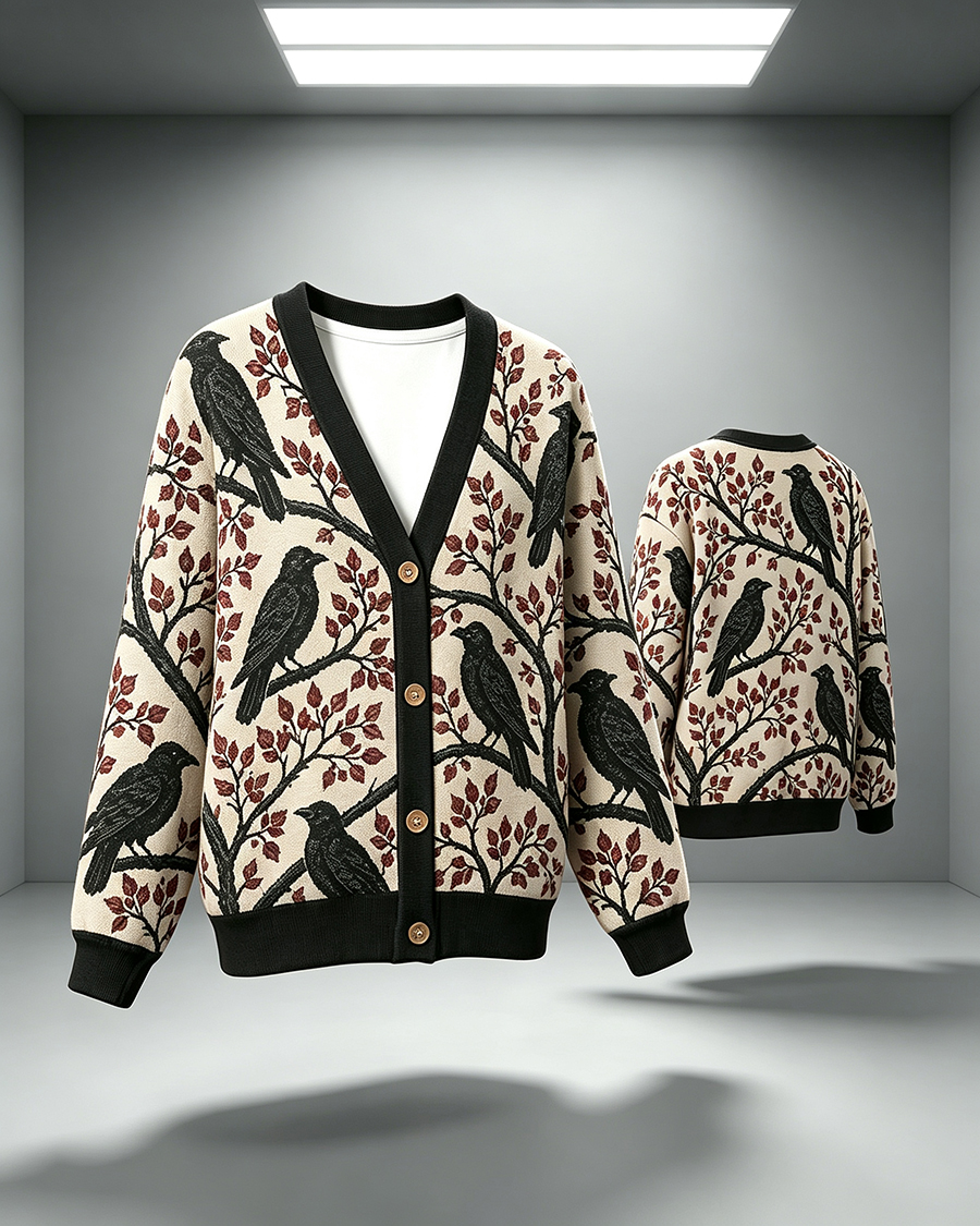 Gothic Raven Tree Print Cardigan Sweater