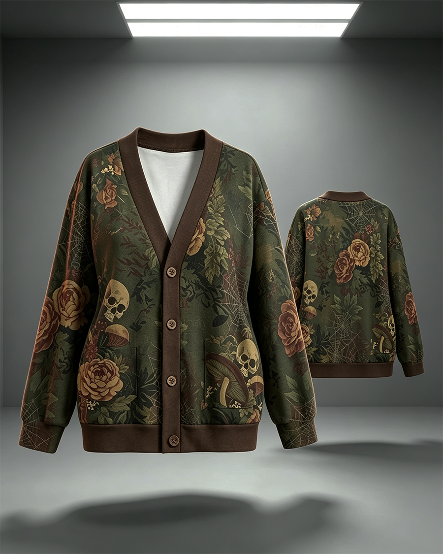 Witchy Halloween Skull Rose Mushroom Cardigan Sweater