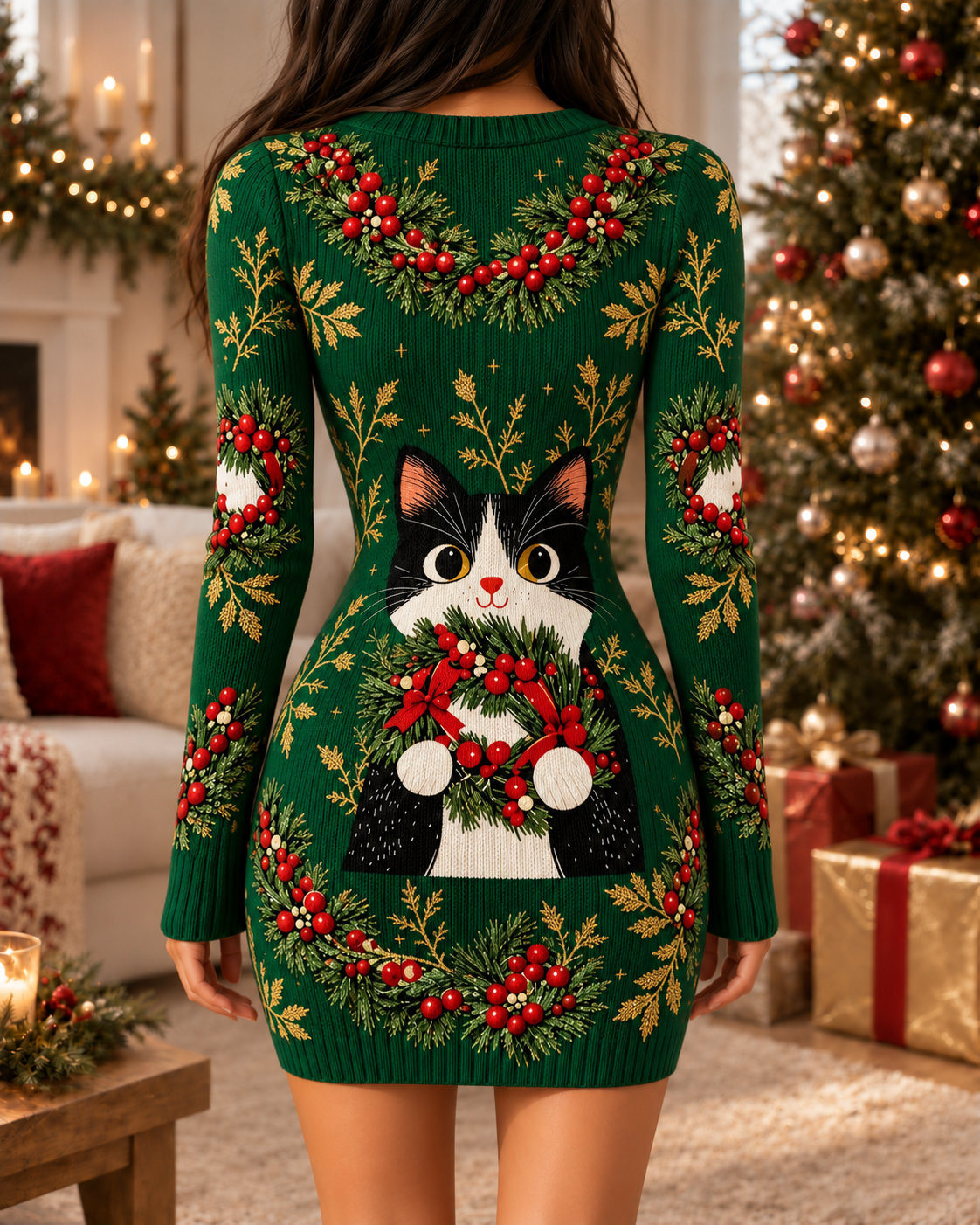 Green Christmas Cat Wreath Bodycon Dress