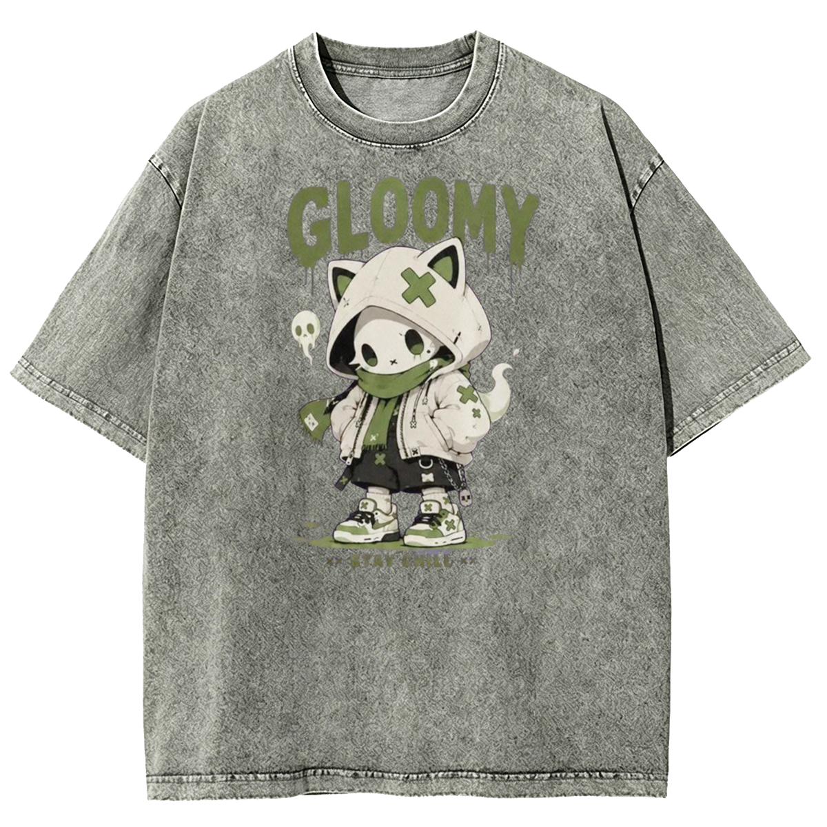Gloomy Skeleton Cat Washed T-Shirt
