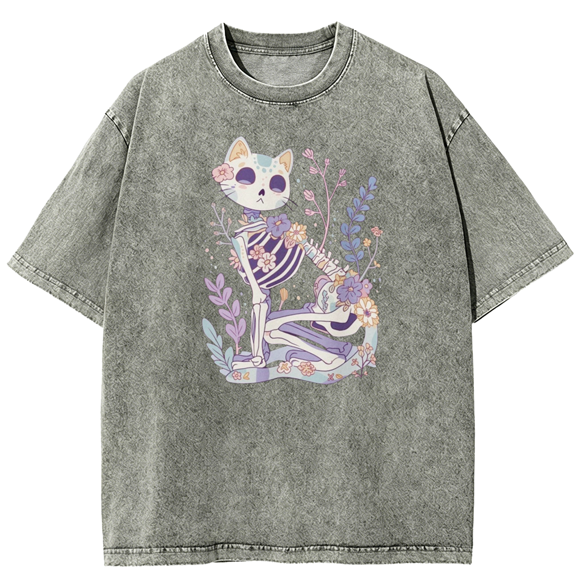 Pastel Goth Cat Skeleton Washed T-Shirt 