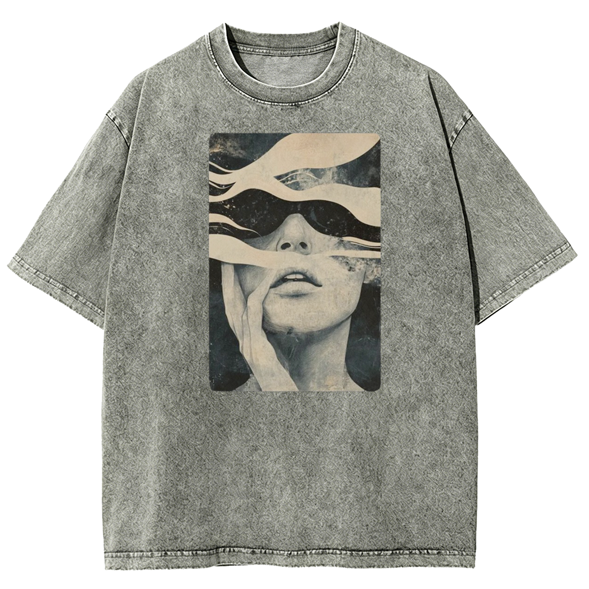 Surreal Abstract Face T-Shirt - Trippy Artistic Graphic Washed T-Shirt