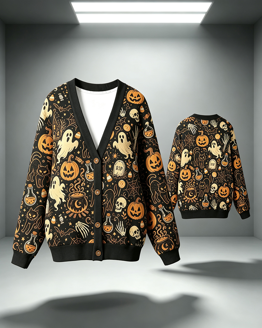 Spooky Ghost Black Cat Cardigan Sweater
