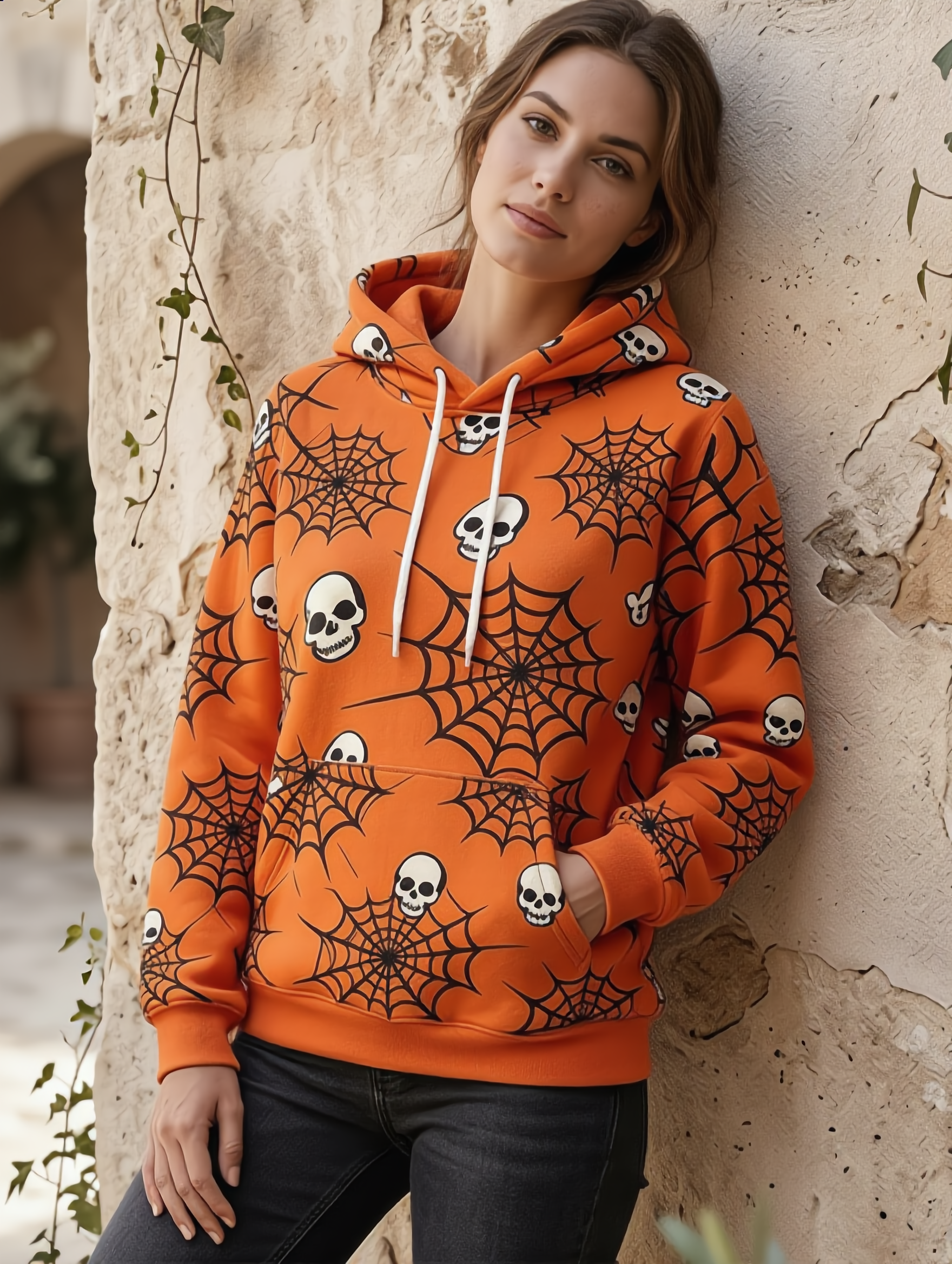 Vibrant Orange Skull & Spiderweb All Over Print Hoodie