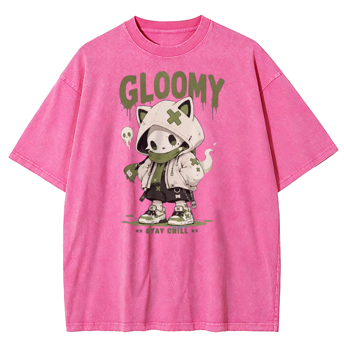 Gloomy Skeleton Cat Washed T-Shirt
