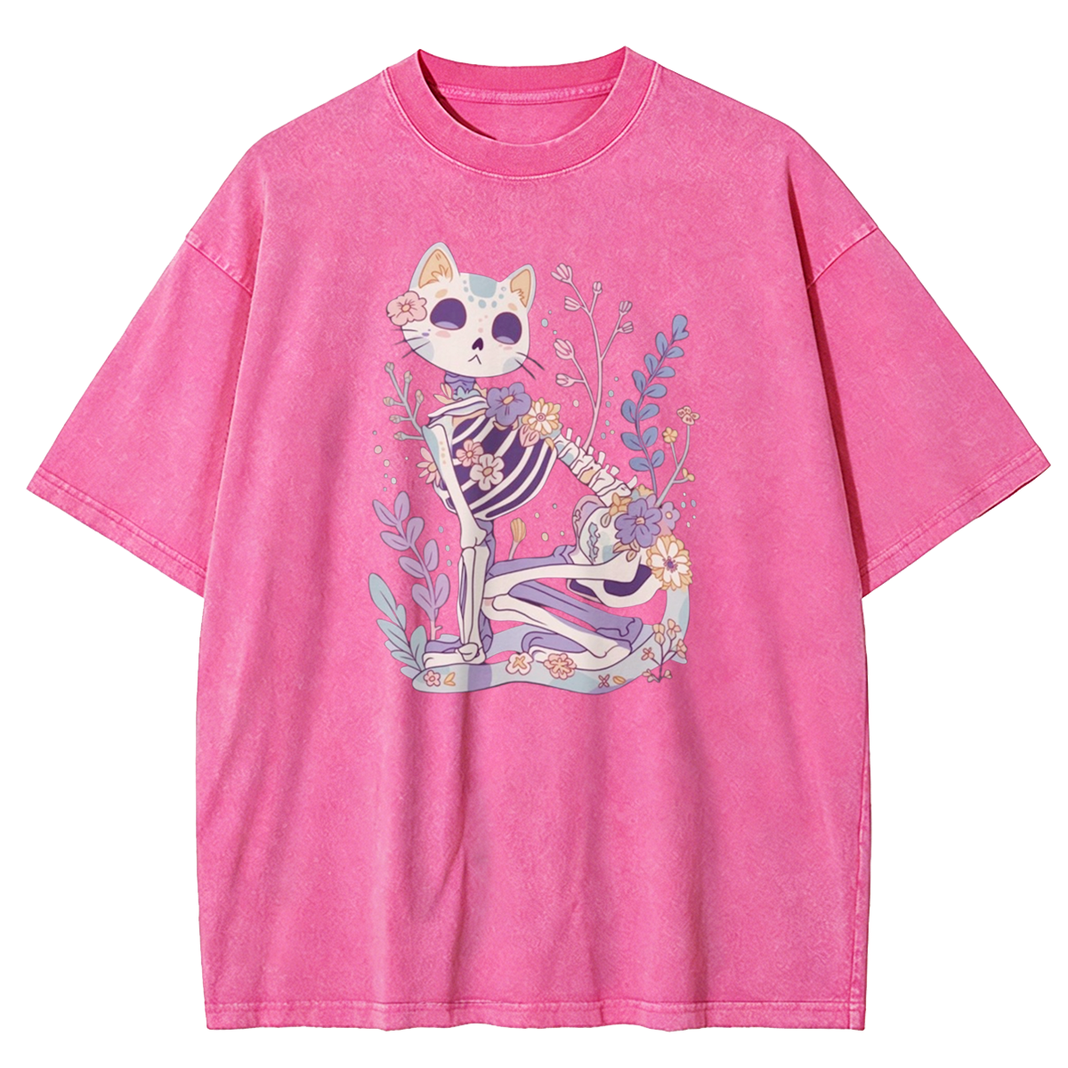 Pastel Goth Cat Skeleton Washed T-Shirt 