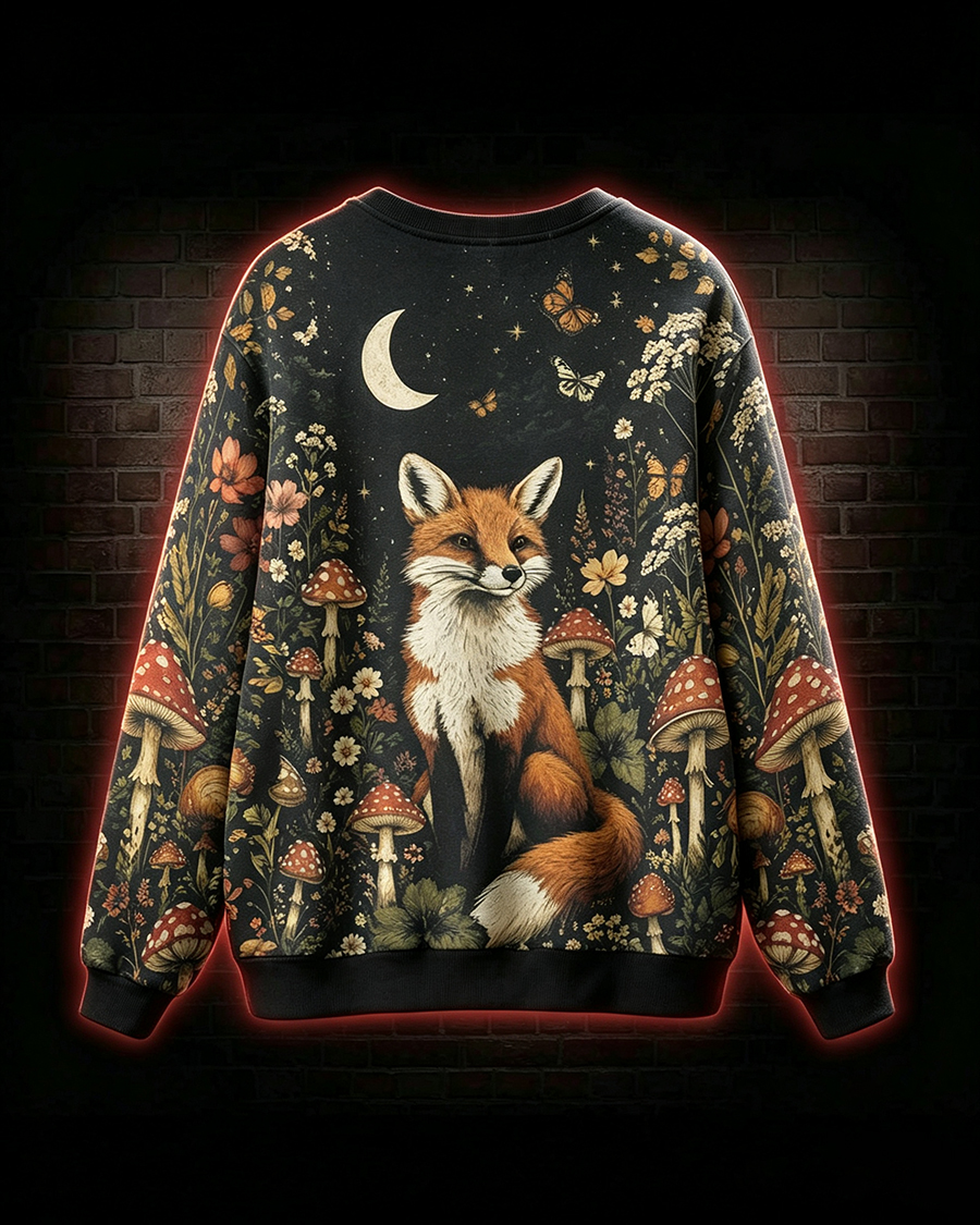 Whimsical Forest Fox Mushroom Cardigan Sweater