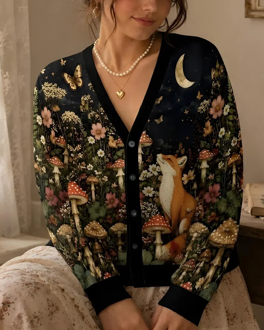 Whimsical Forest Fox Mushroom Cardigan Sweater