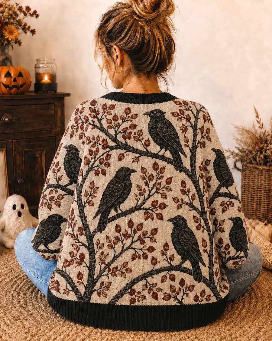 Gothic Raven Tree Print Cardigan Sweater