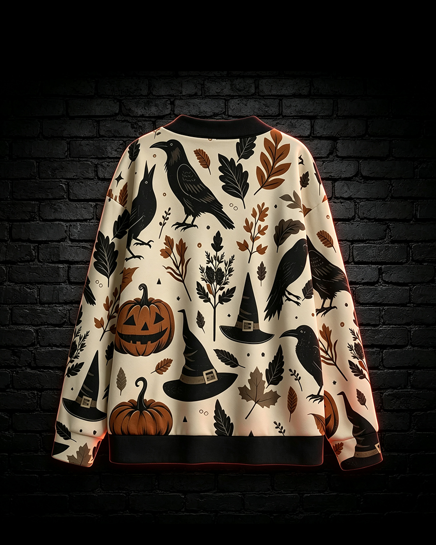 Witchy Halloween Raven Pumpkin Cardigan Sweater
