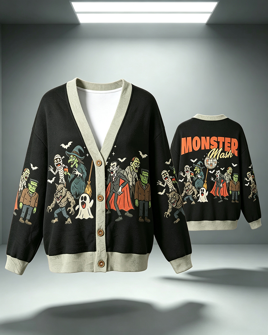 Halloween Dancing Monsters Print Button Cardigan Sweater