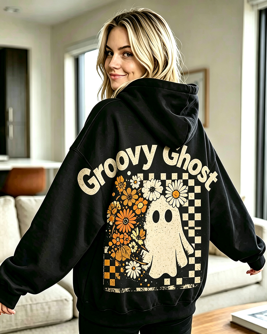 Retro Groovy Ghost Floral Washed Hoodie