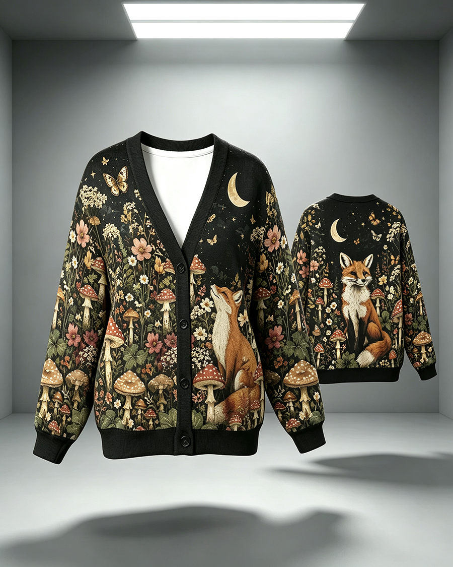 Whimsical Forest Fox Mushroom Cardigan Sweater