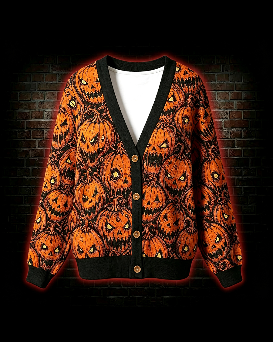 Evil Pumpkin Gothic Halloween Knit Cardigan Sweater