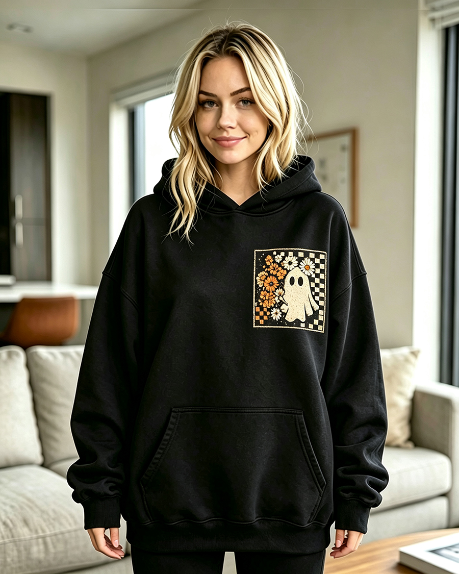 Retro Groovy Ghost Floral Washed Hoodie