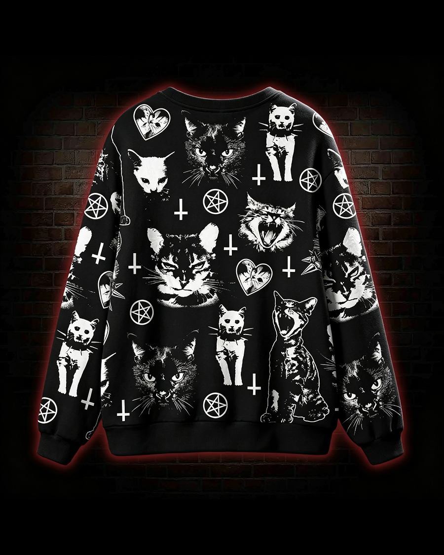 Gothic Occult Black Cat Print Cardigan Sweater