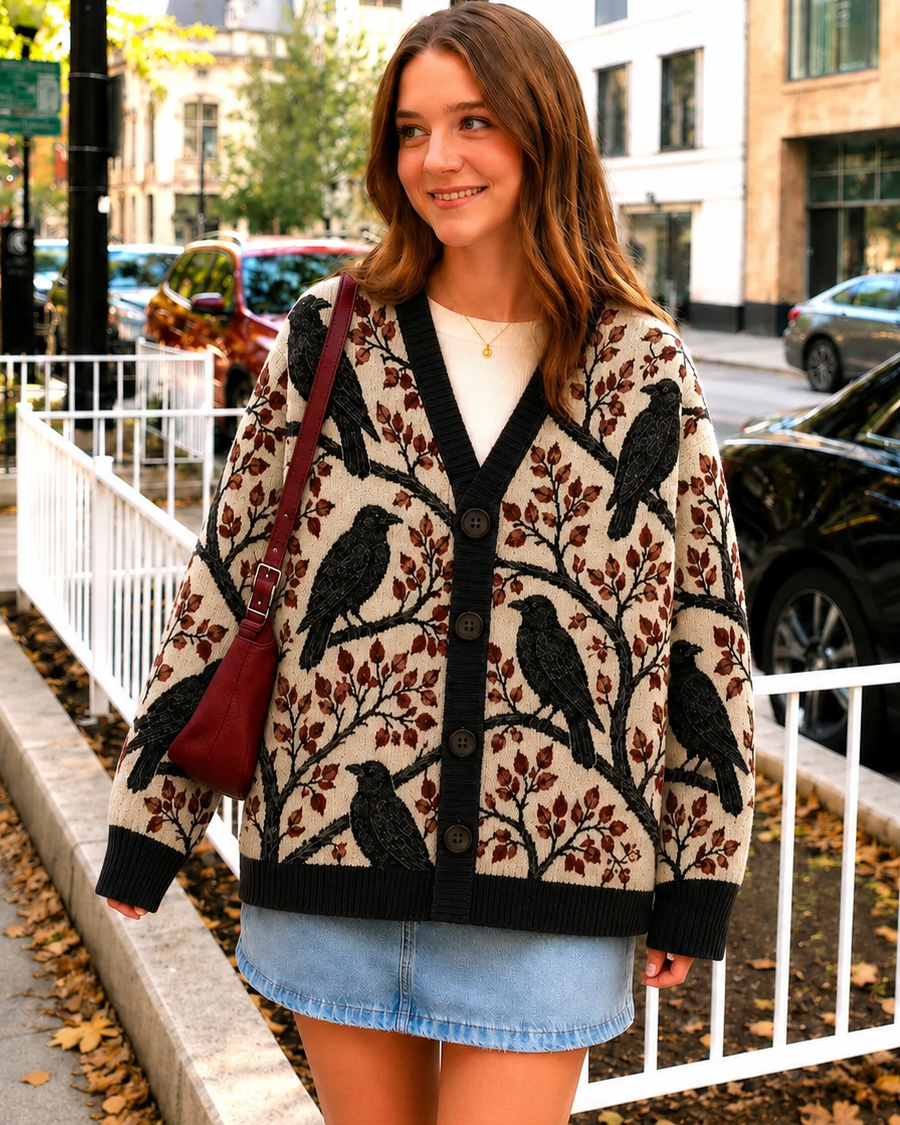 Gothic Raven Tree Print Cardigan Sweater