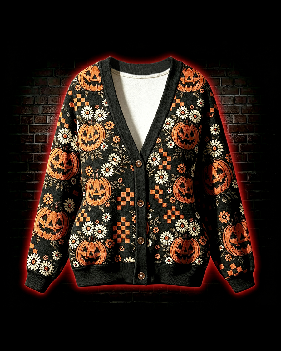 Retro Floral Pumpkin Cardigan Sweater
