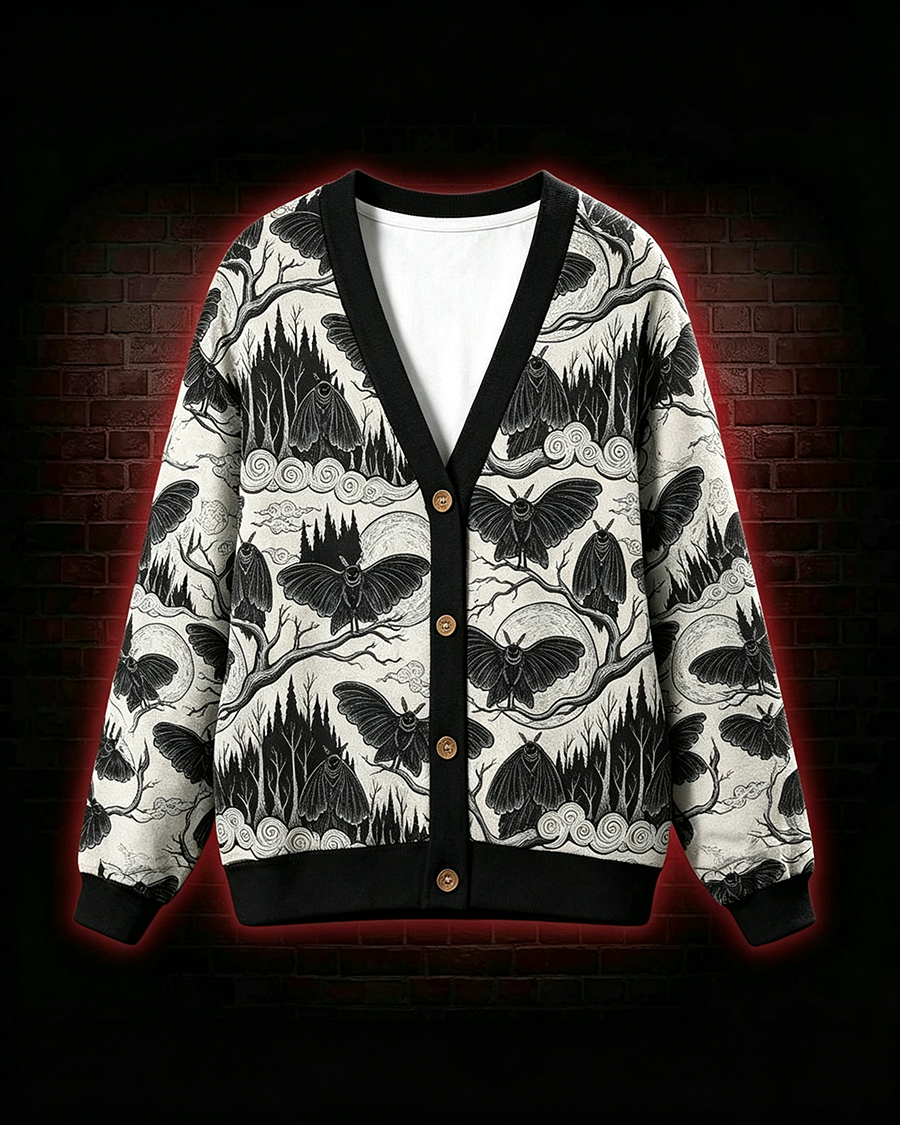 Gothic Forest Mothman Print Cardigan Sweater