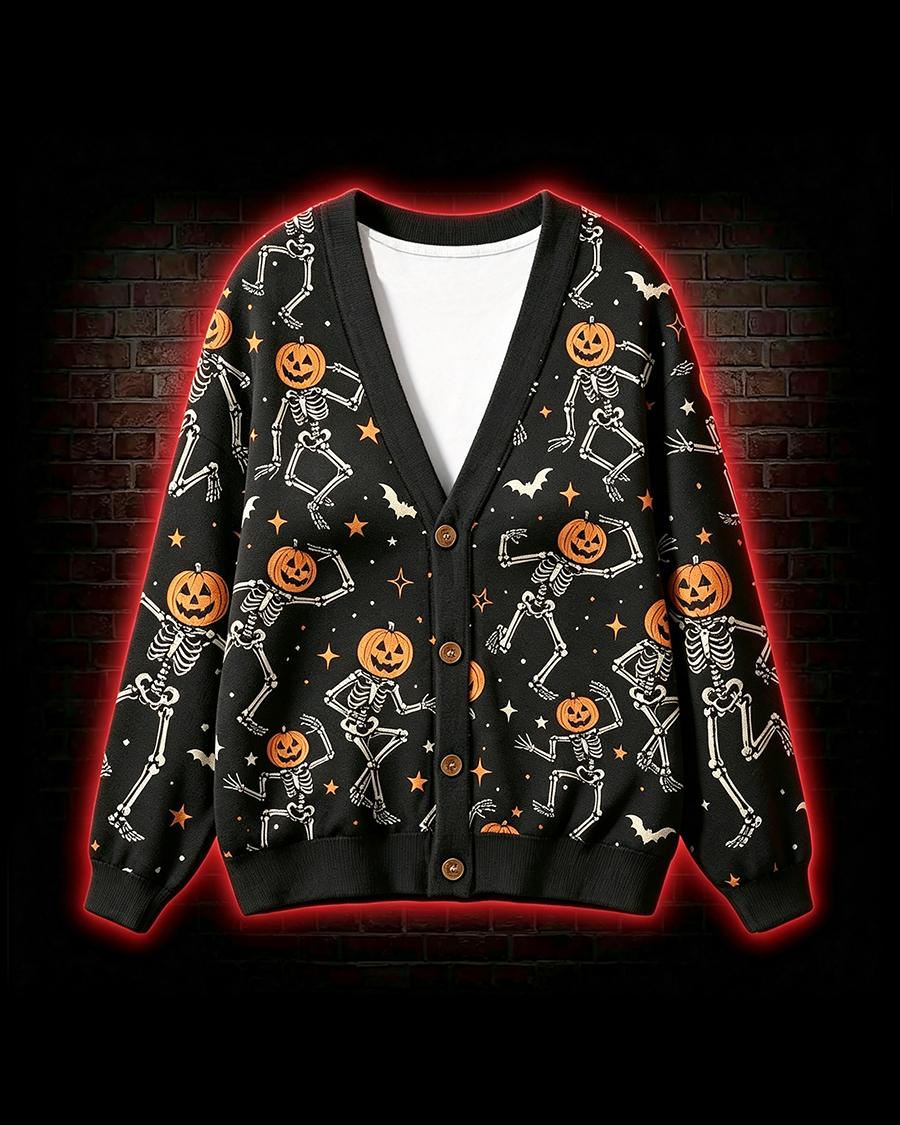 Dancing Pumpkin Skeleton Cardigan Sweater