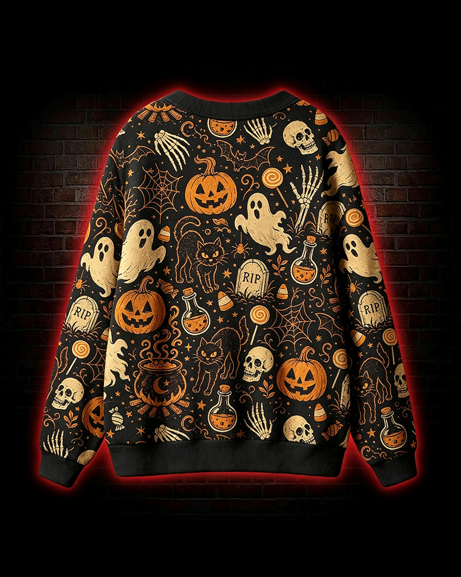 Spooky Ghost Black Cat Cardigan Sweater