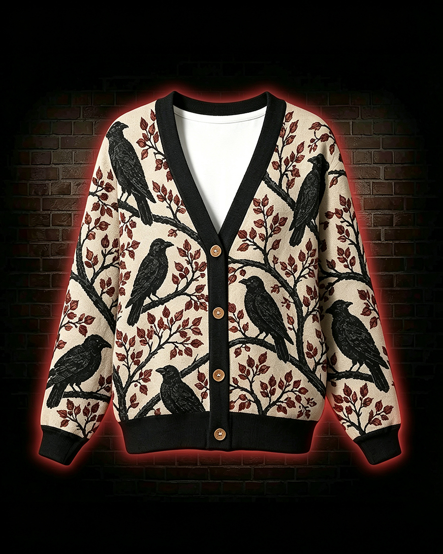 Gothic Raven Tree Print Cardigan Sweater