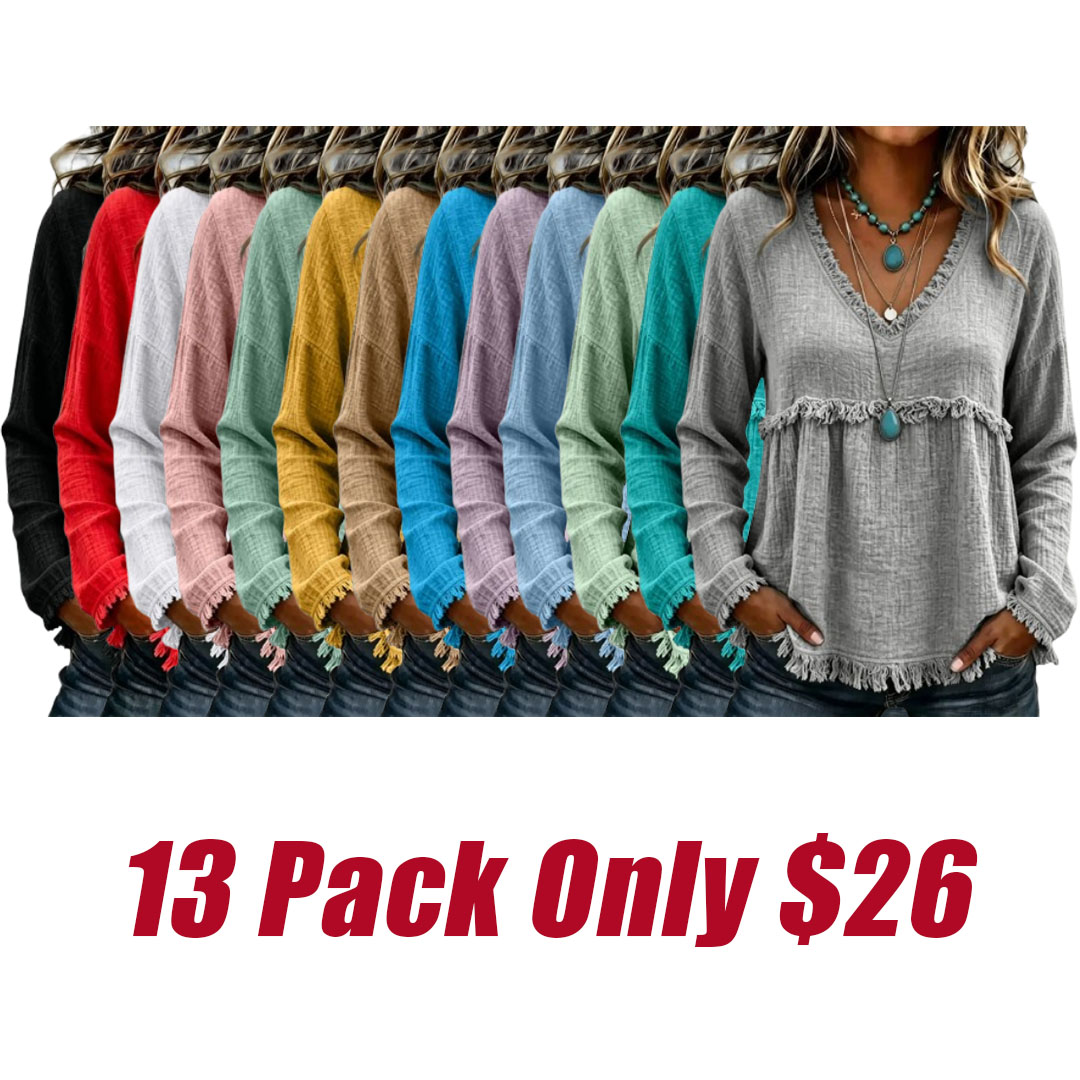 Women’s Boho V Neck Long Sleeve Fringe Top Plus Size S-3XL