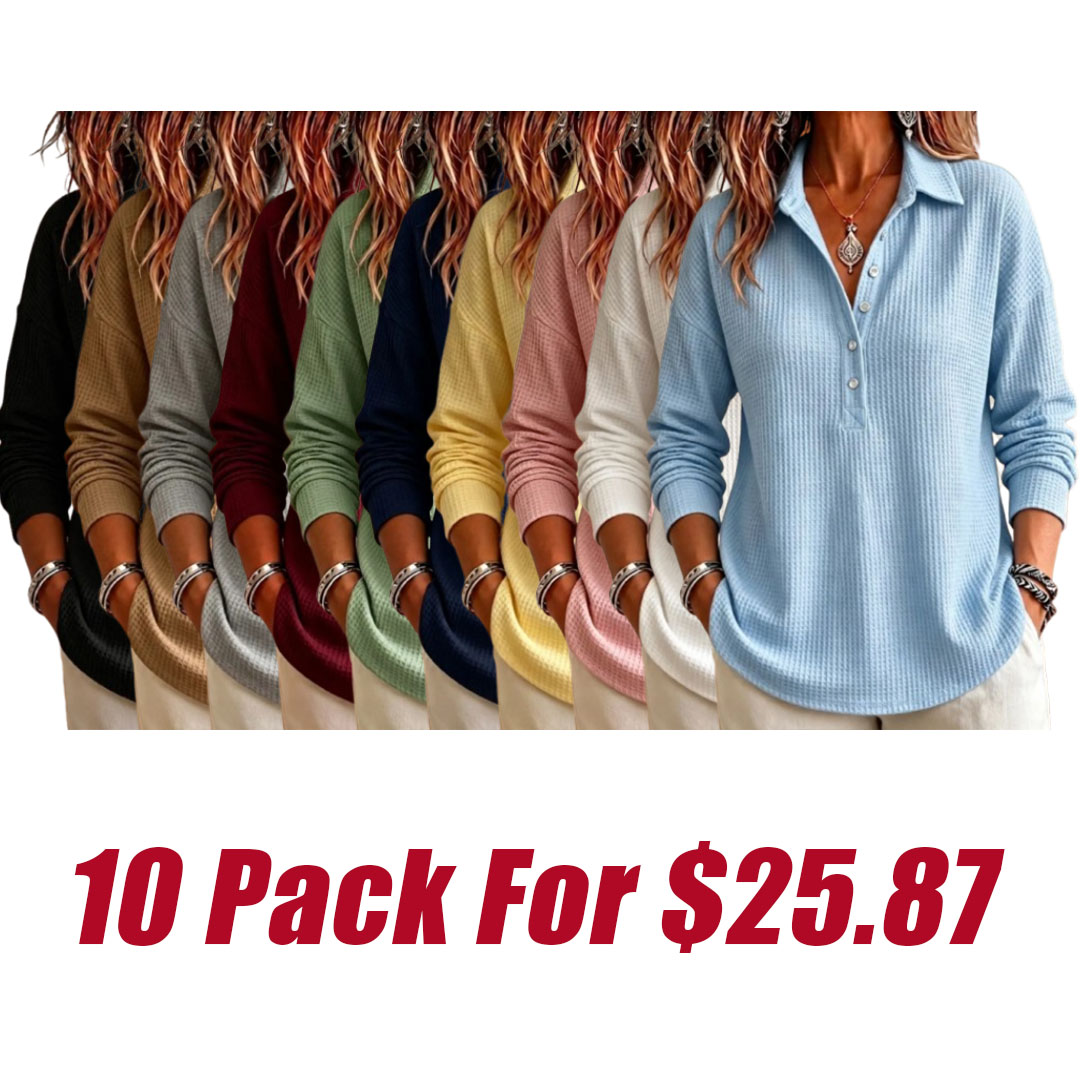 CLEARANCE SALE🔥 Women's Casual Waffle Knit Collared Henley Long Sleeve Shirt