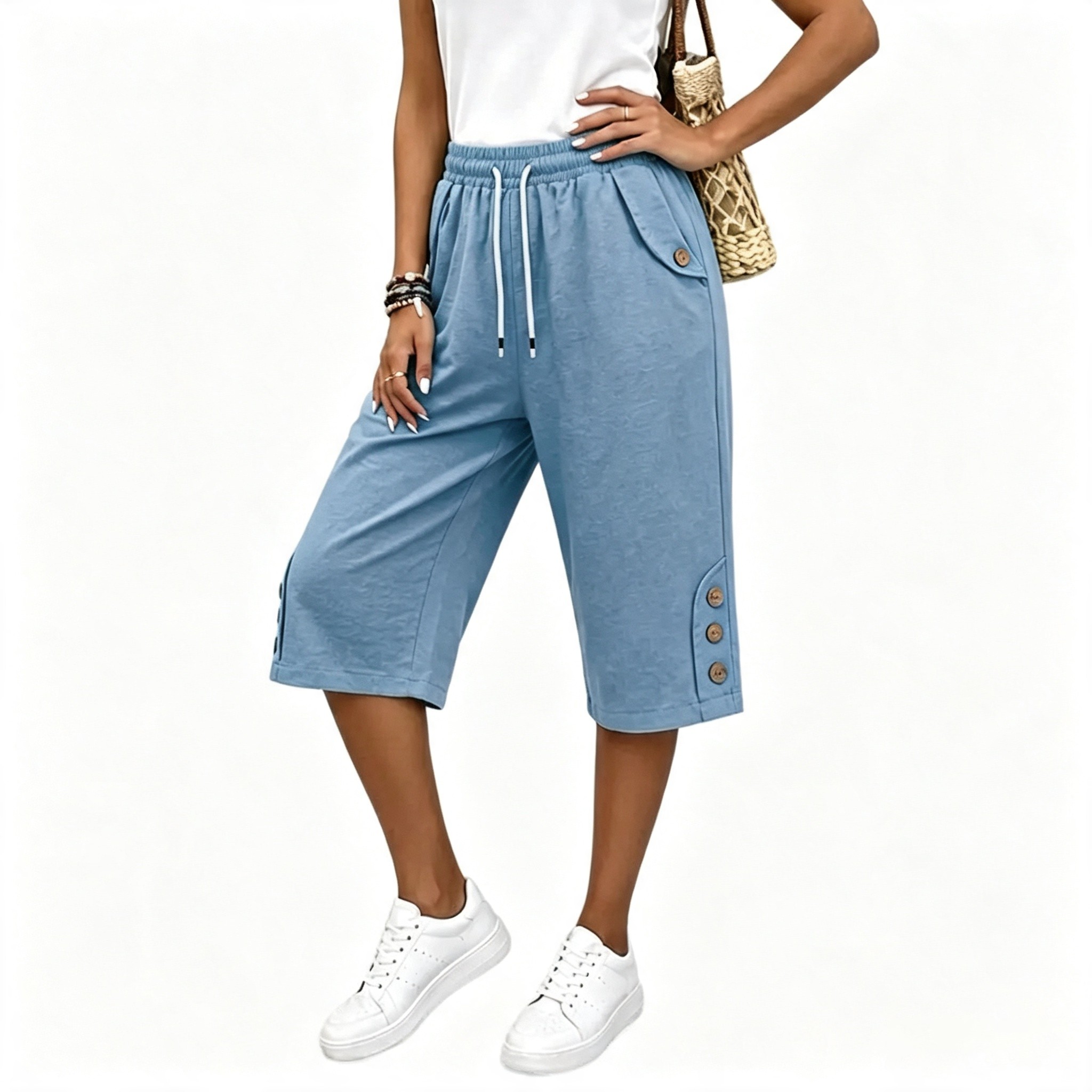 Women's Casual Straight Leg Button Pants – Comfy Elastic Waist Work Trousers