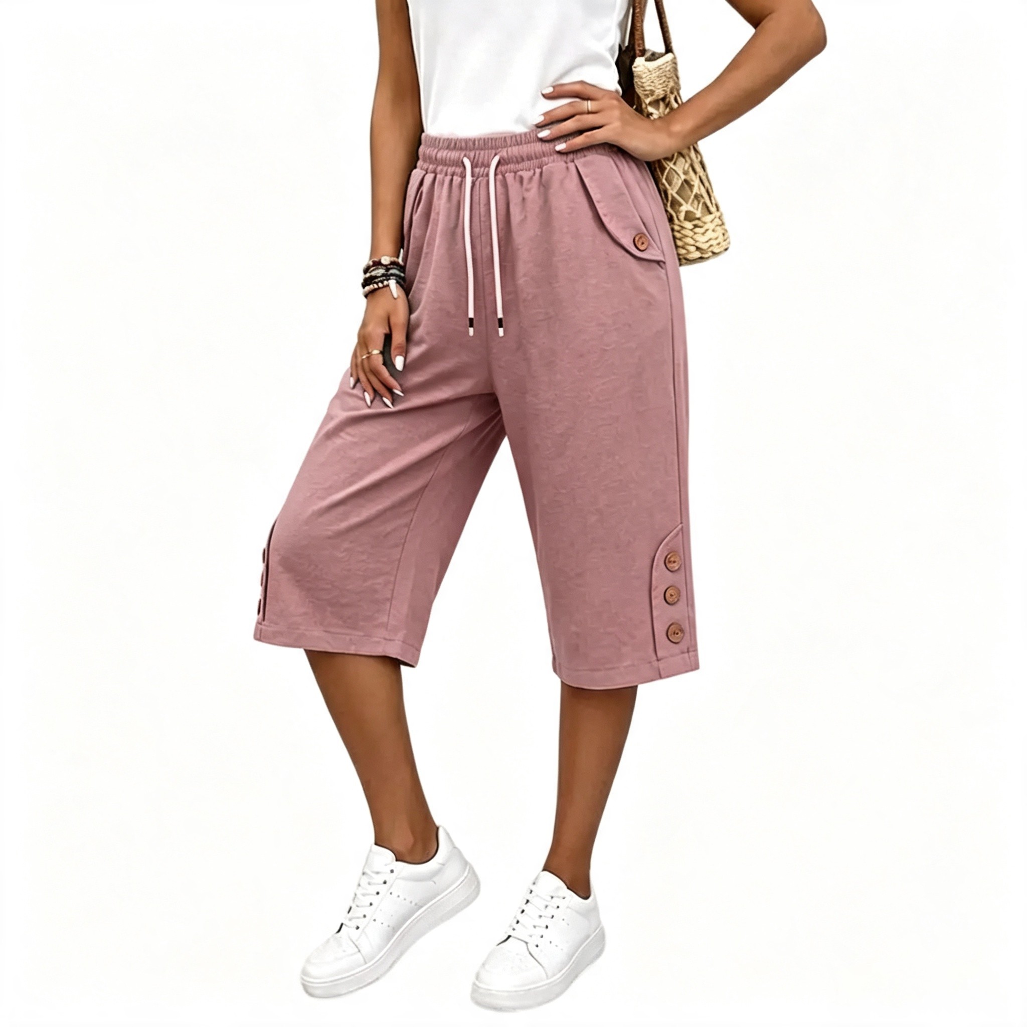 Women's Casual Straight Leg Button Pants – Comfy Elastic Waist Work Trousers