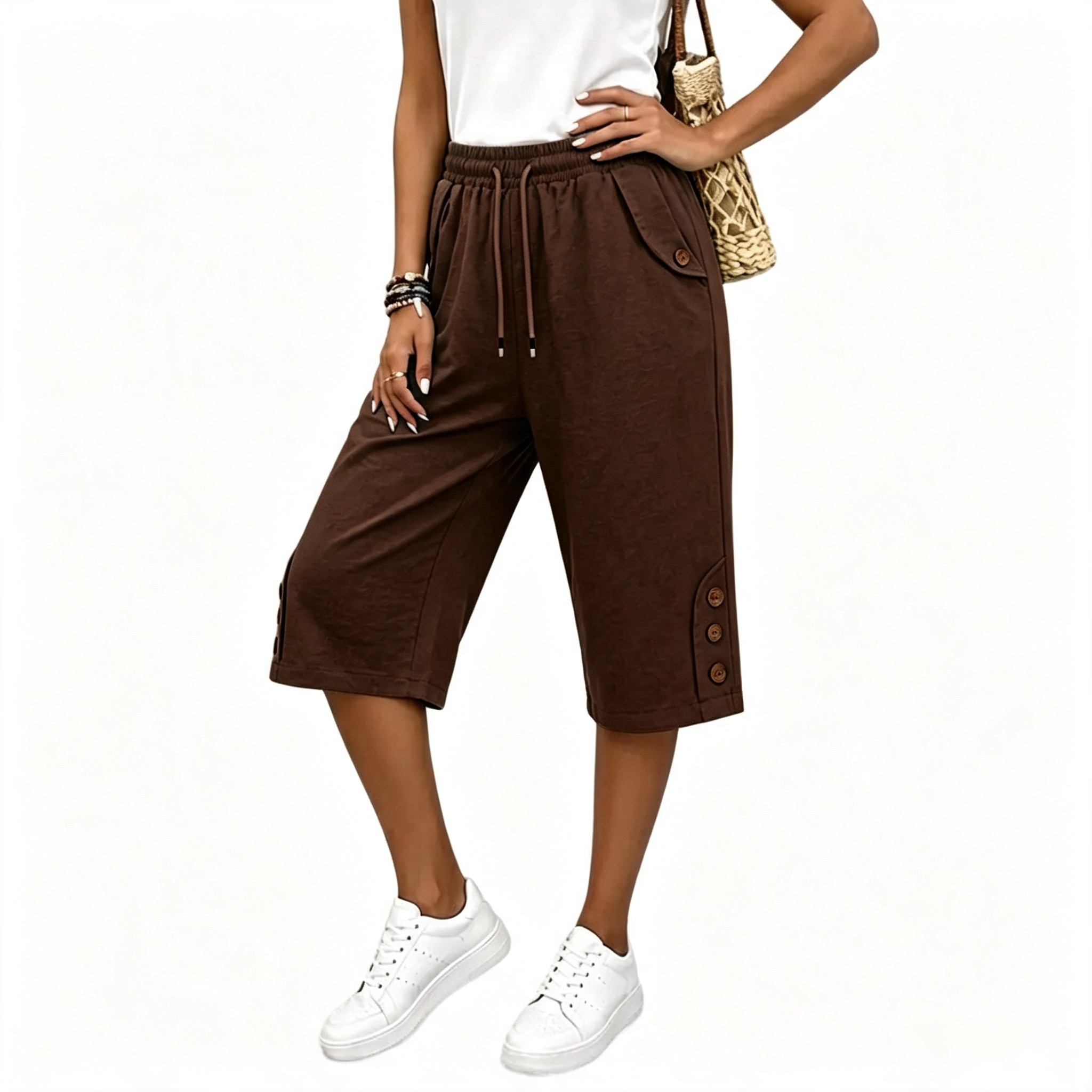 Women's Casual Straight Leg Button Pants – Comfy Elastic Waist Work Trousers