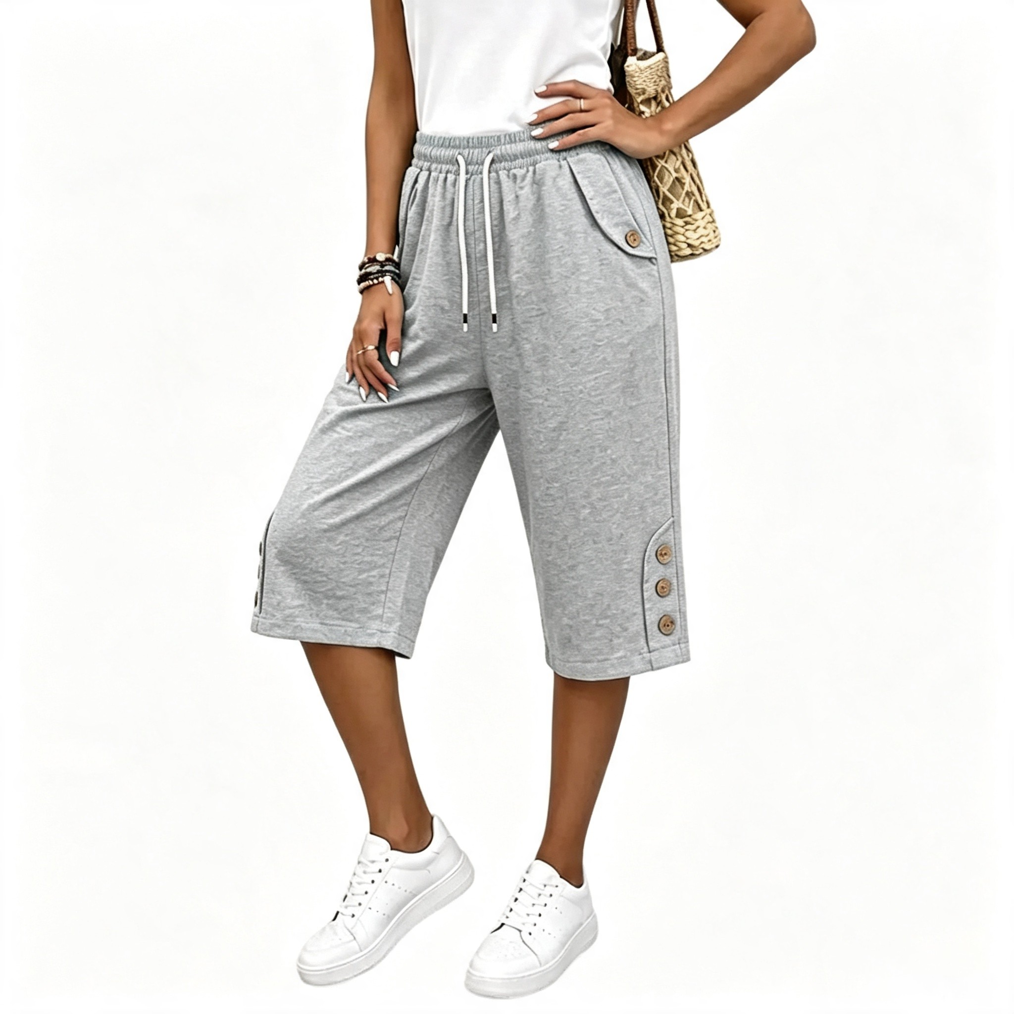 Women's Casual Straight Leg Button Pants – Comfy Elastic Waist Work Trousers