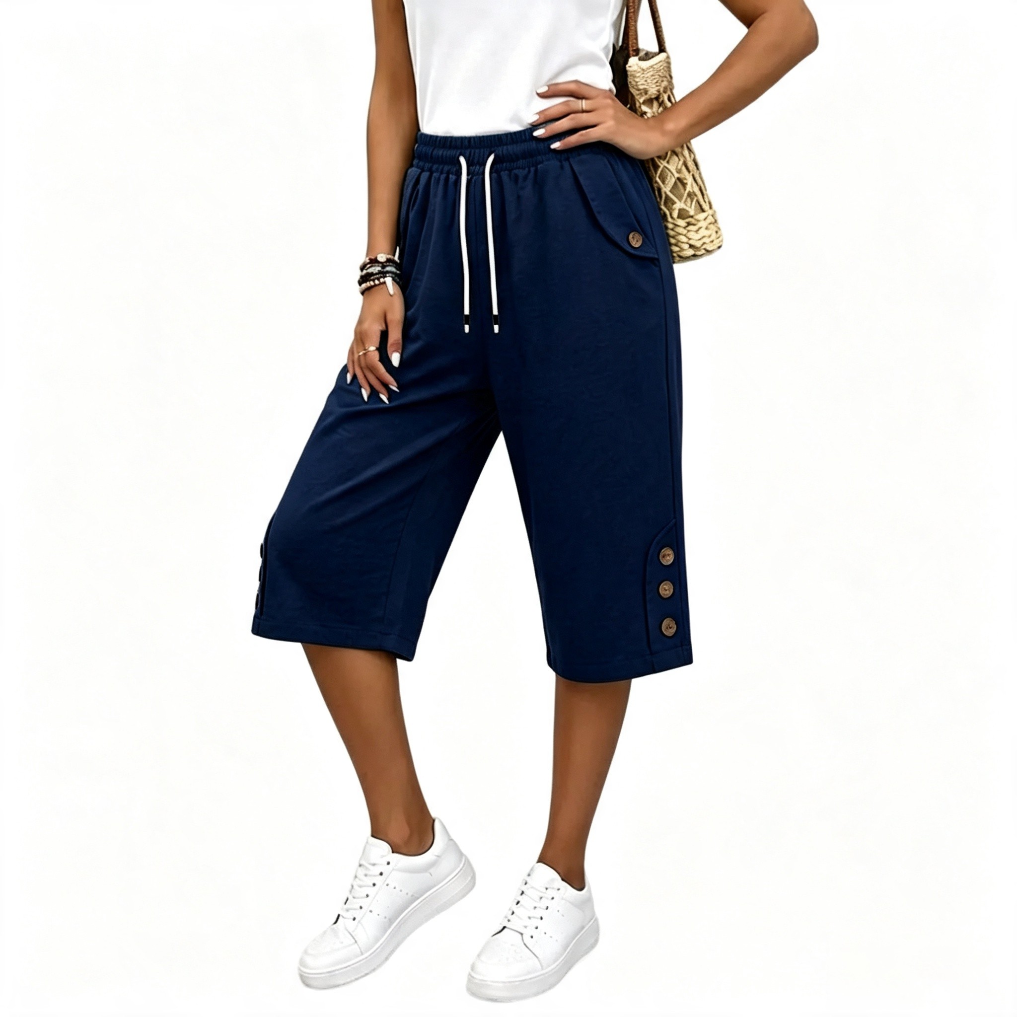 Women's Casual Straight Leg Button Pants – Comfy Elastic Waist Work Trousers