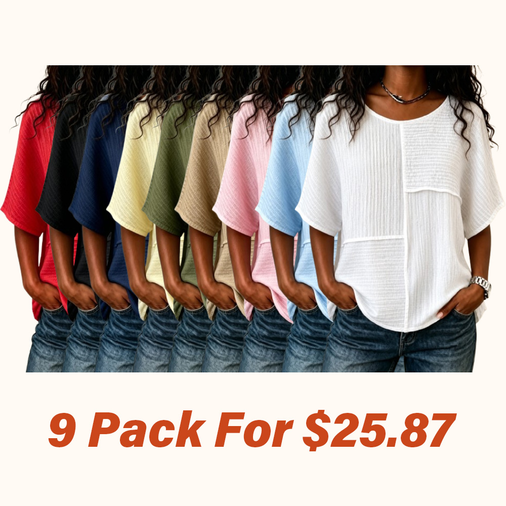 🔥CLEARANCE SALE🔥Women's Textured Patchwork Top with Round Neck and Short Sleeves