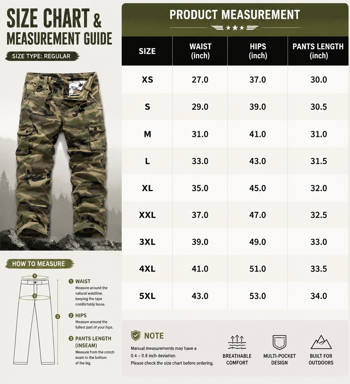 Men's camouflage cargo pants size and product guide