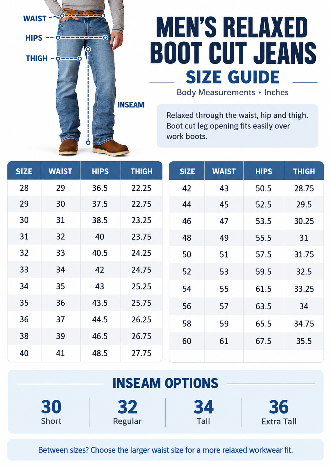 Men's relaxed boot cut jeans size guide