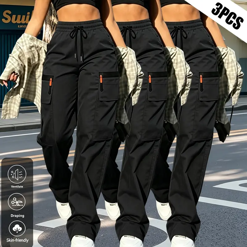 Women's Cargo Pants — Loose Fit Utility Pants with Zipper Pockets