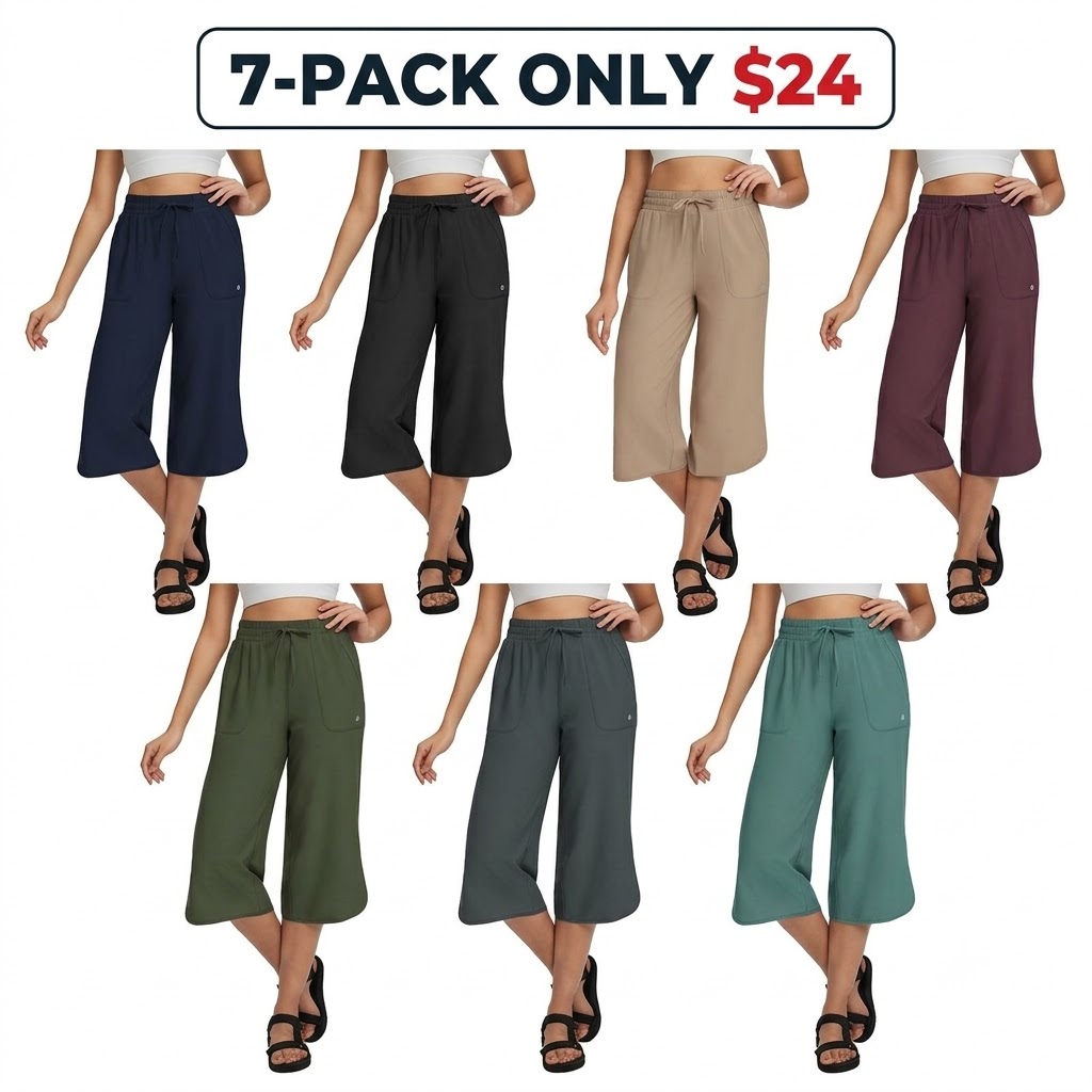 UPF50+| Women's 20" Wide Leg Capri Pants - High Waisted Tummy Control Lounge Pants with Pockets