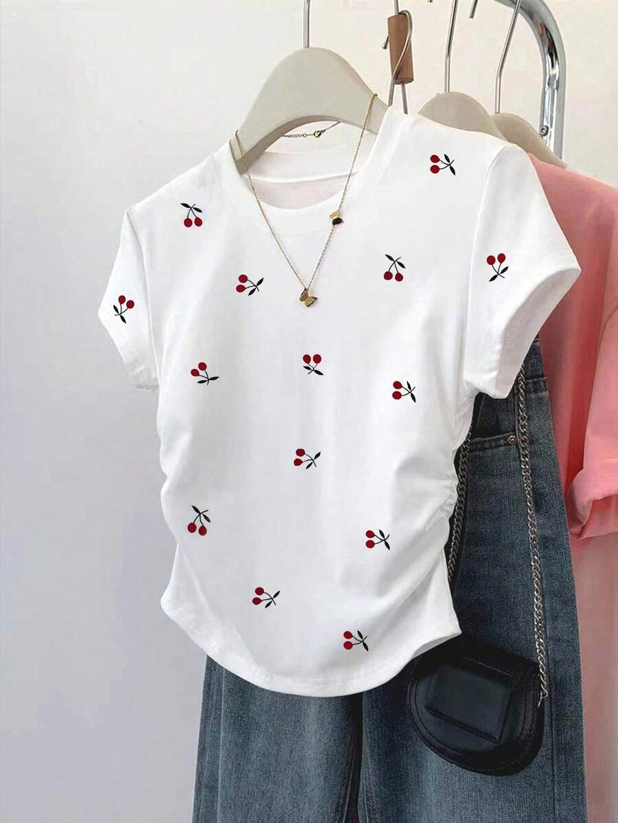 3 Piece Mixed Women's Summer Casual Printed Cute Pleated Short Slim Short-sleeved Round-neck T-shirt, Printed T-shirt, Fashionable Versatile Daily Wear