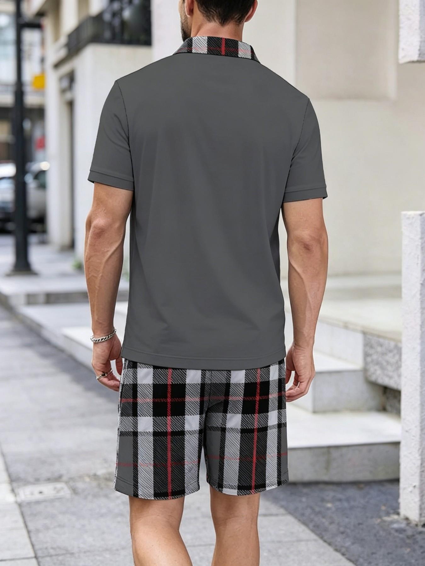 Summer Men's Menswear Plaid Checked Patchwork Set, Plaid Collar Polo Shirt + Plaid Shorts, Casual Two-Piece, Pocket, Drawstring Waist, Gift Idea Summer Men's Menswear Plaid Checked Patchwork Set, Plaid Collar Polo Shirt + Plaid Shorts, Casual Two-Piece, Pocket, Drawstring Waist, Gift Idea