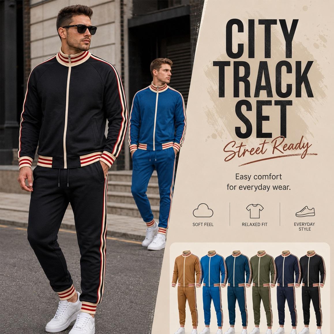 Men’s Retro Milano Graphic Two Piece Tracksuit, Zip Track Jacket with Ribbed Trim and Matching Elastic Waist Jogger Pants, Contrast Side Stripe Sportswear Set for Casual Wear, Walking and Travel