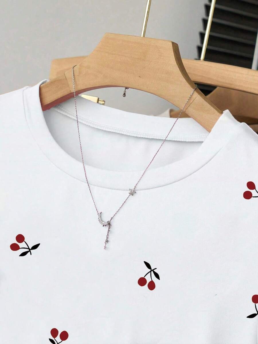 3 Piece Mixed Women's Summer Casual Printed Cute Pleated Short Slim Short-sleeved Round-neck T-shirt, Printed T-shirt, Fashionable Versatile Daily Wear