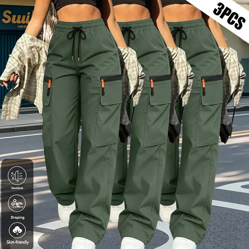 Women's Cargo Pants — Loose Fit Utility Pants with Zipper Pockets