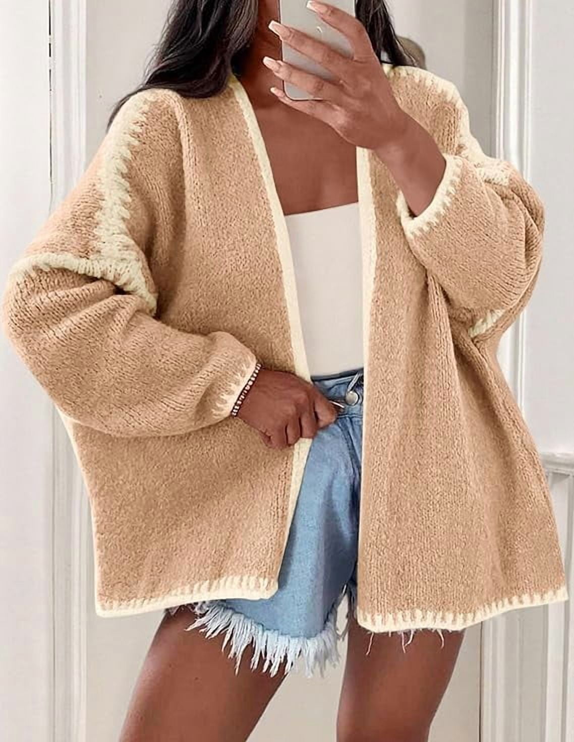 Womens Oversized Cardigan Sweaters Fall Long Lantern Sleeve Knit Open Front Lightweight Sweater