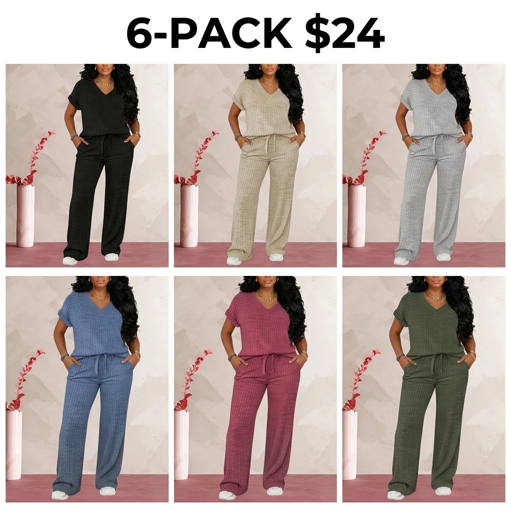 Women’s 2-Piece Ribbed Knit Lounge Set – Soft V-Neck Top & Wide Leg Pants with Pockets