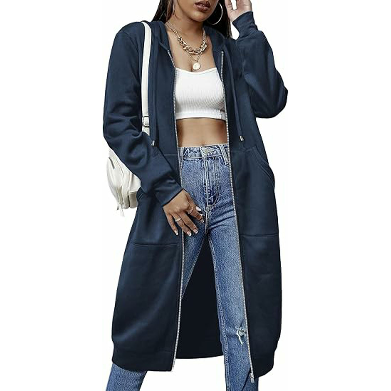 Women’s Long Fleece Hoodie Jacket – Zip Up Tunic Sweatshirt with Pockets
